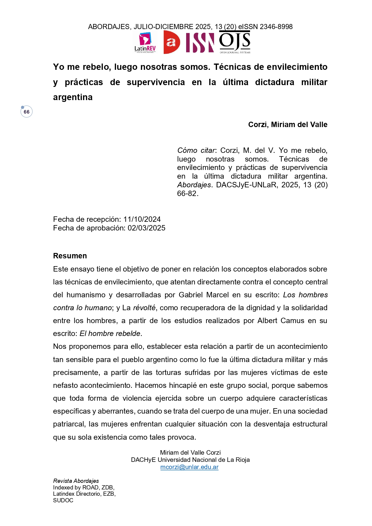 Yo me rebelo, luego nosotras somos. Técnicas de envilecimiento y prácticas de supervivencia en la última dictadura militar argentina