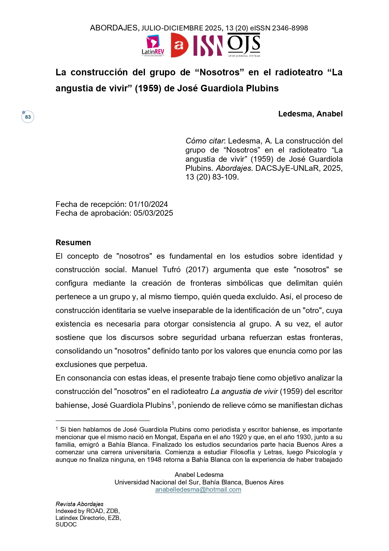 La construcción del grupo de “Nosotros” en el radioteatro “La angustia de vivir” (1959) de José Guardiola Plubins