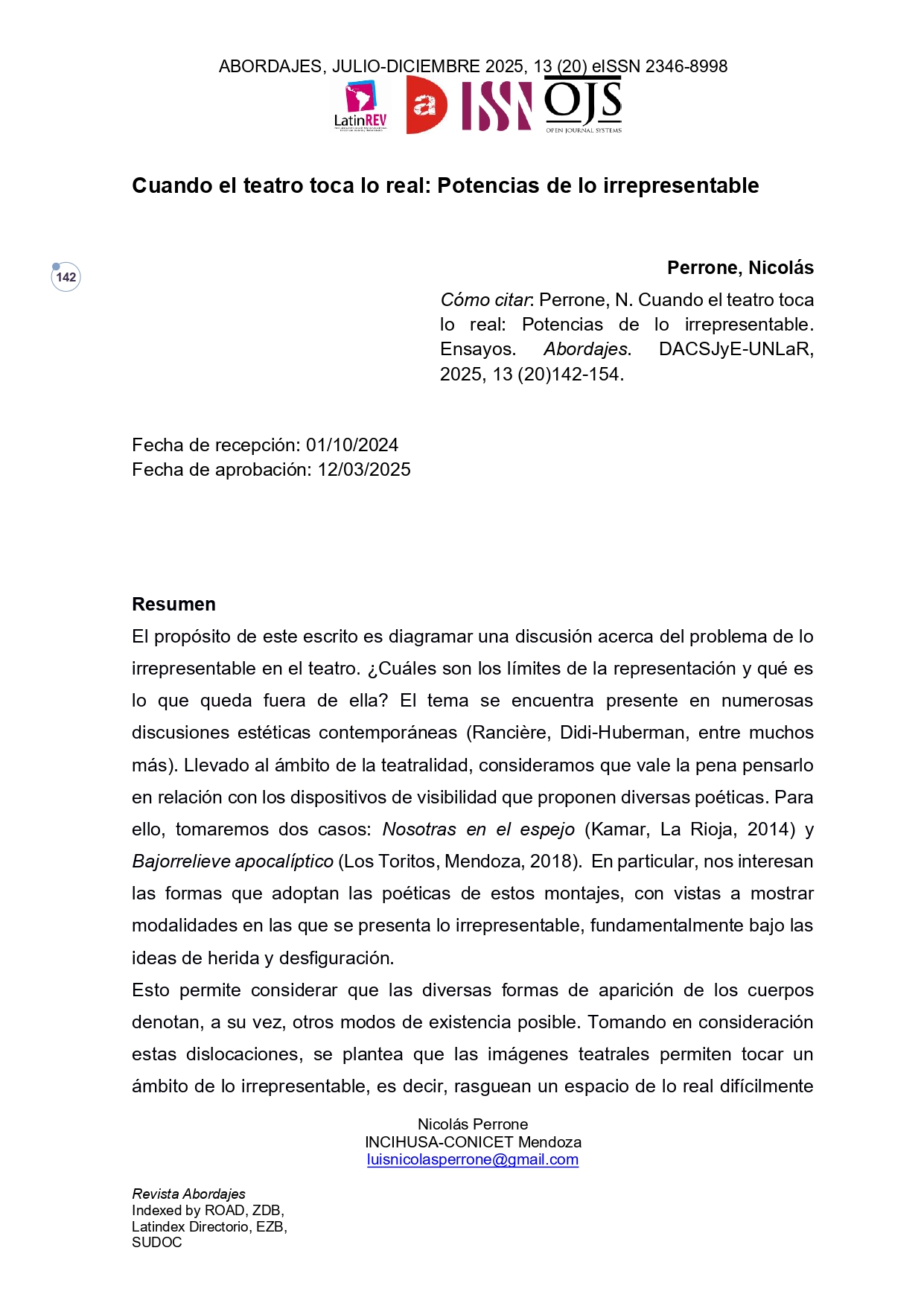 Cuando el teatro toca lo real: Potencias de lo irrepresentable