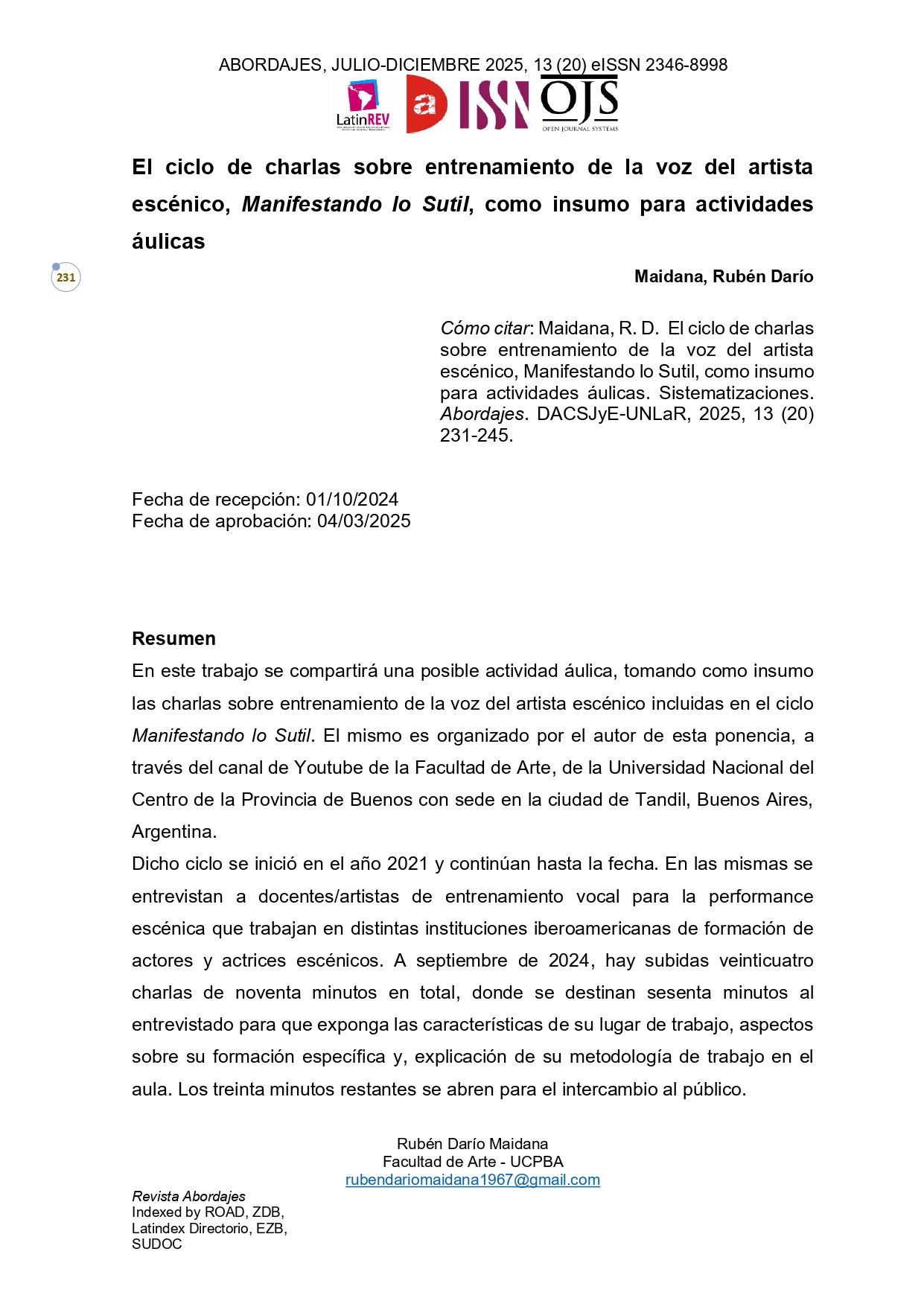 El ciclo de charlas sobre entrenamiento de la voz del artista escénico, Manifestando lo Sutil, como insumo para actividades áulicas